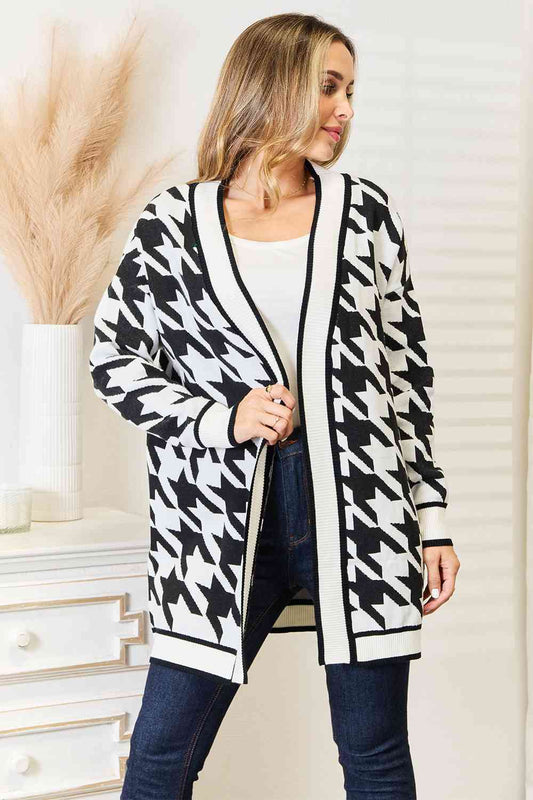 Woven Right Houndstooth Open Front Longline Cardigan-0