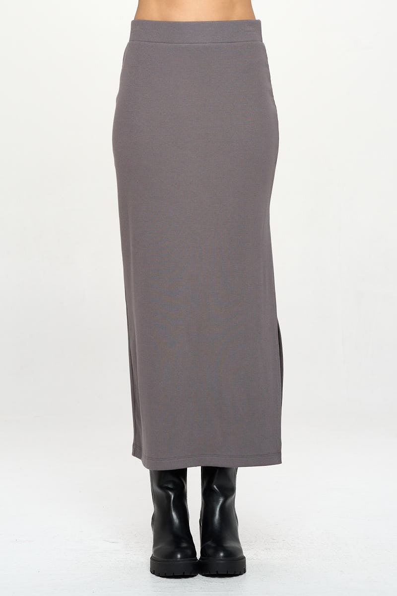 Rib Knit Midi Skirt with Slit