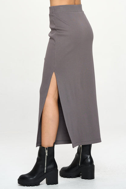 Rib Knit Midi Skirt with Slit