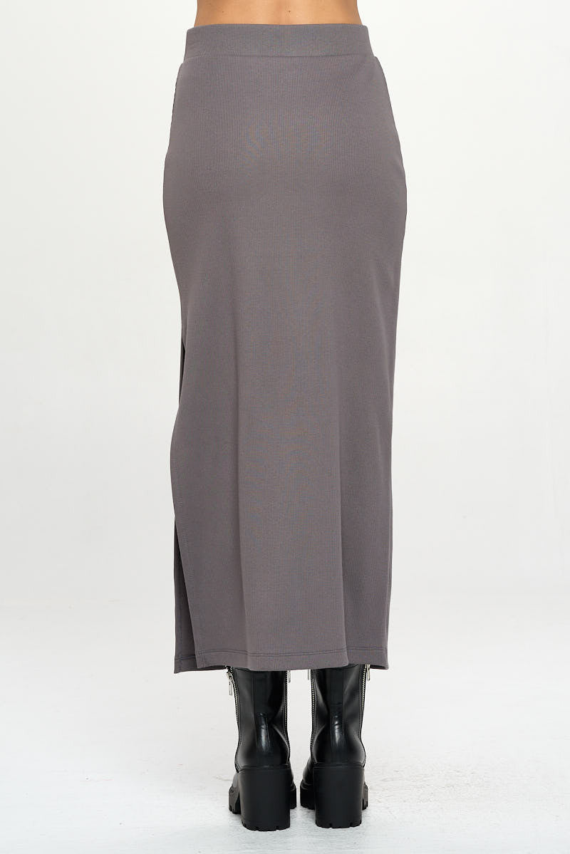 Rib Knit Midi Skirt with Slit