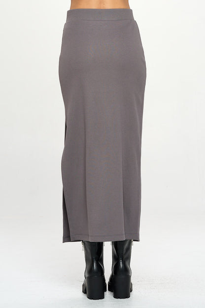 Rib Knit Midi Skirt with Slit