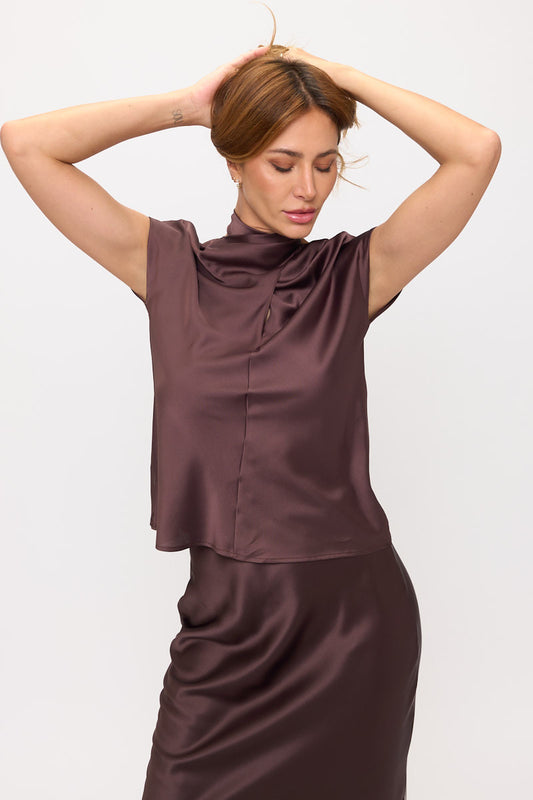 Crisscross Satin Turtle Neck Top