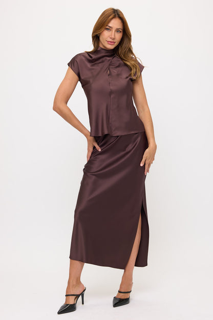 Crisscross Satin Turtle Neck Top