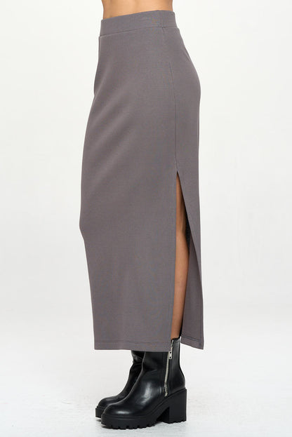 Rib Knit Midi Skirt with Slit