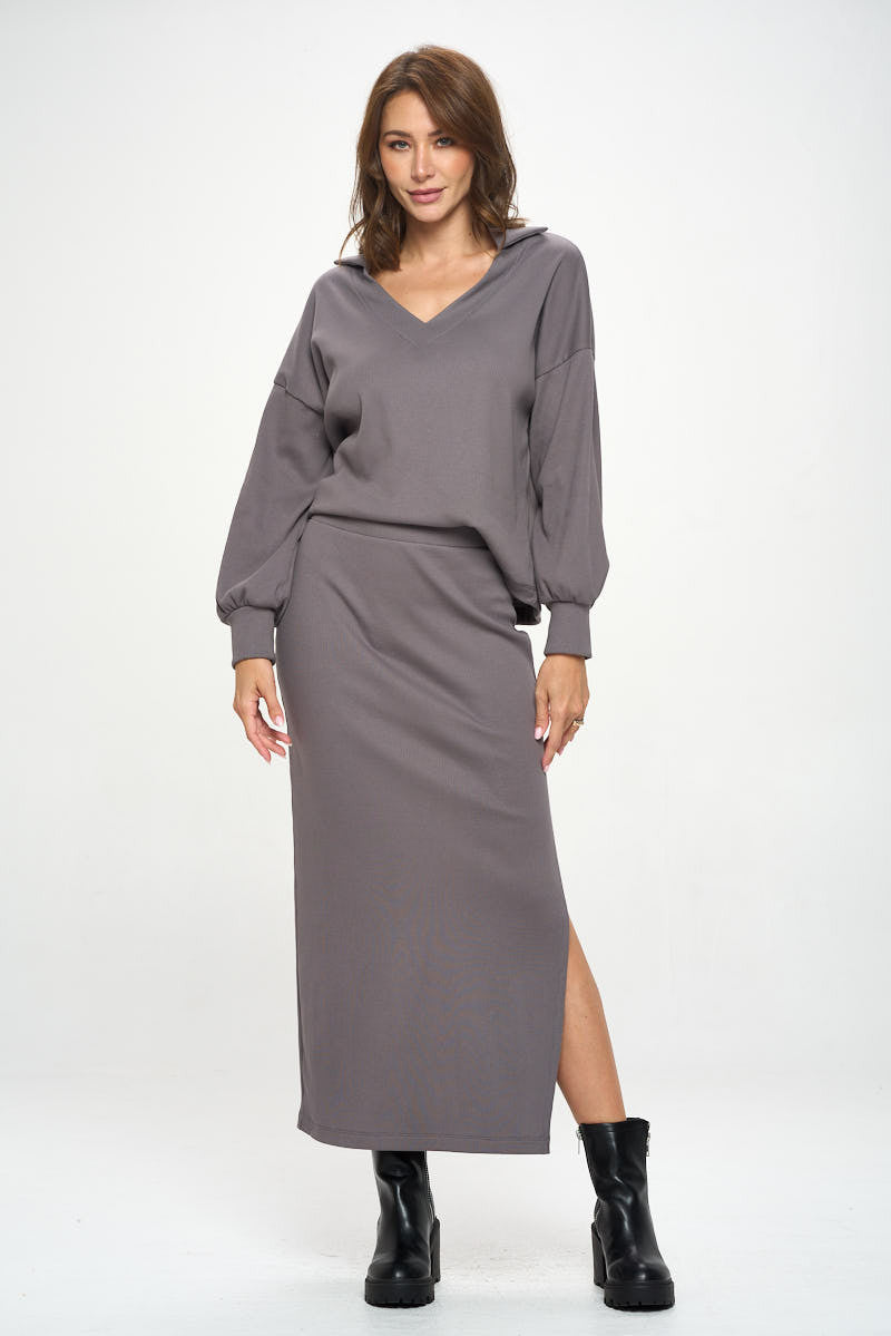 Rib Knit Midi Skirt with Slit