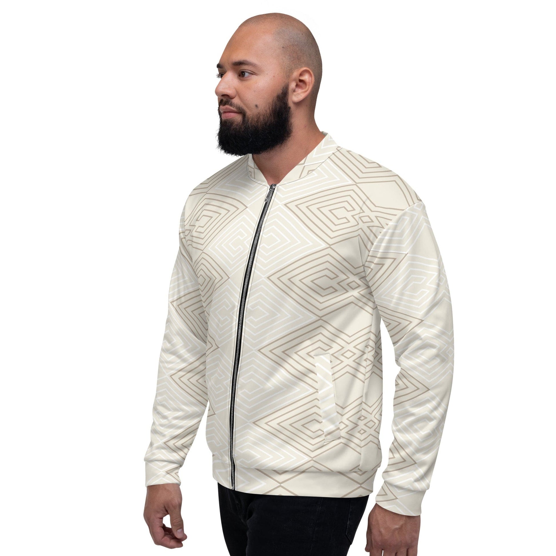 Mens Bomber Jacket - Beige Brown Aztec Geometric Lines-3