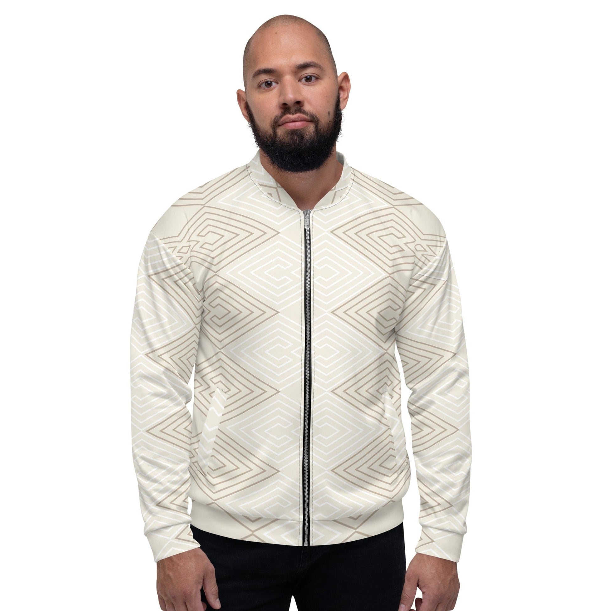 Mens Bomber Jacket - Beige Brown Aztec Geometric Lines-0