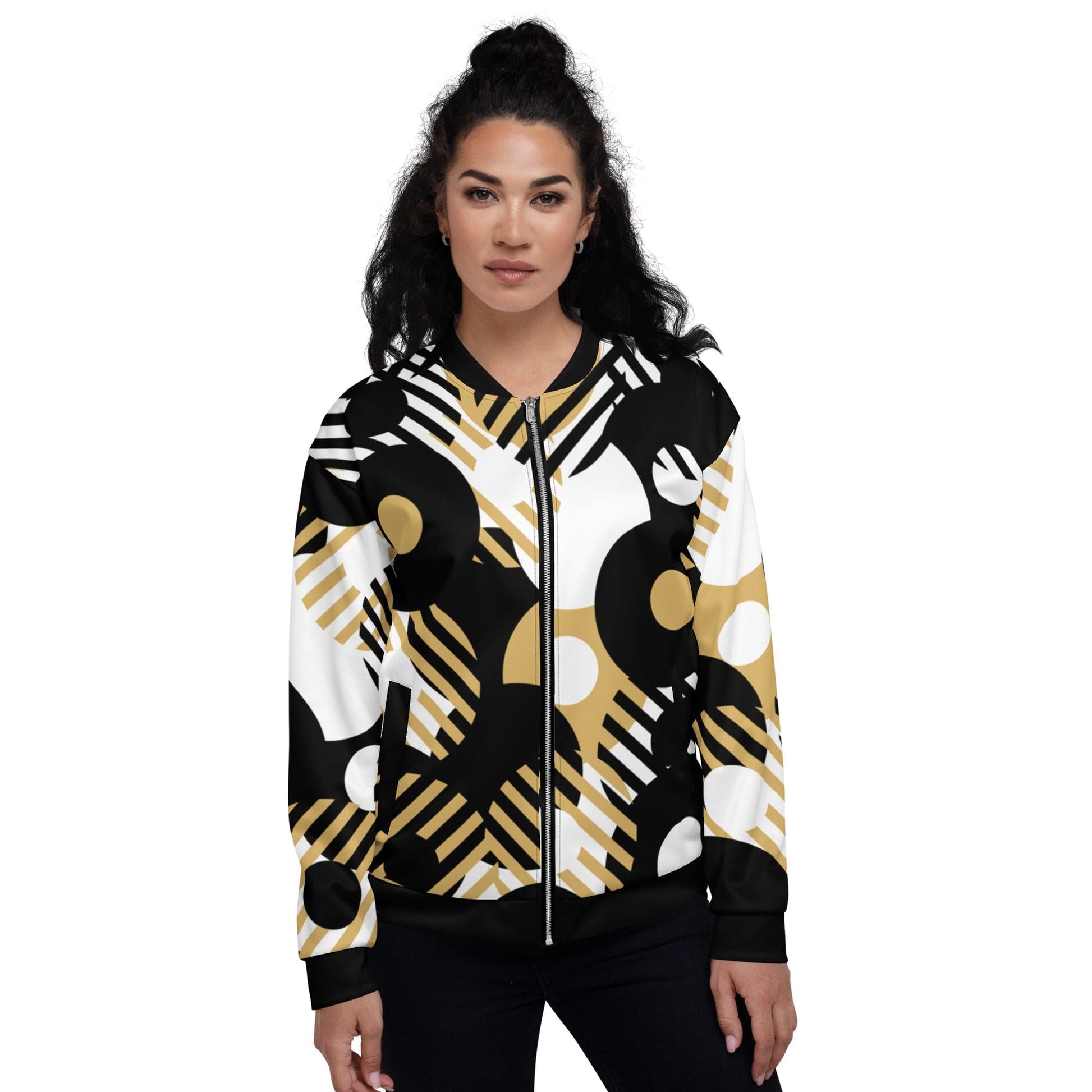 Womens Bomber Jacket - Black and Gold Geometric Style-0