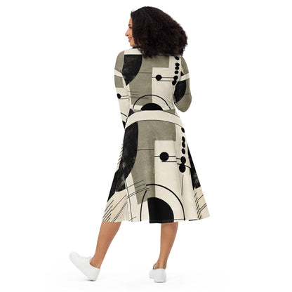 Womens Long Sleeve Midi Dress - Abstract Black Beige Brown Geometric