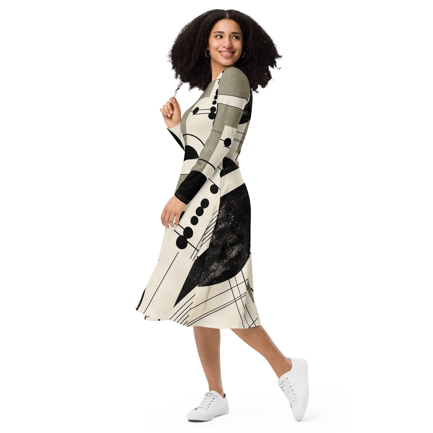 Womens Long Sleeve Midi Dress - Abstract Black Beige Brown Geometric