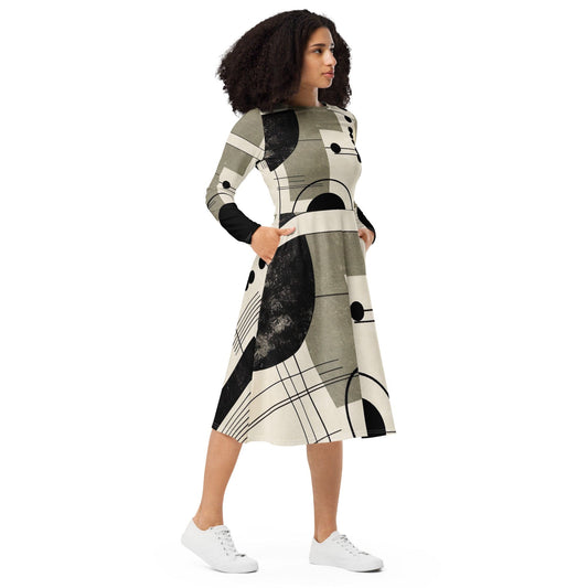 Womens Long Sleeve Midi Dress - Abstract Black Beige Brown Geometric