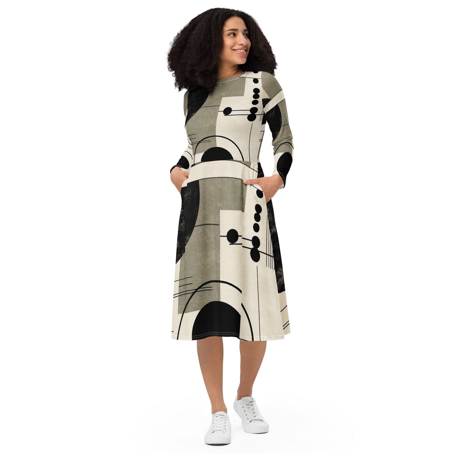 Womens Long Sleeve Midi Dress - Abstract Black Beige Brown Geometric