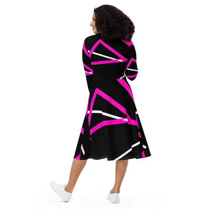 Womens Long Sleeve Midi Dress - Black and Pink Pattern
