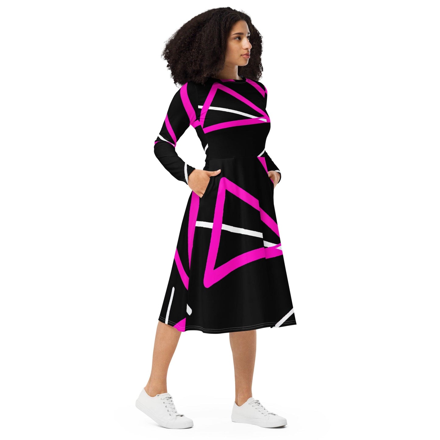 Womens Long Sleeve Midi Dress - Black and Pink Pattern