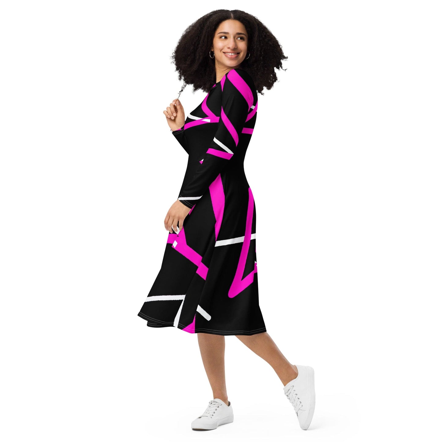 Womens Long Sleeve Midi Dress - Black and Pink Pattern