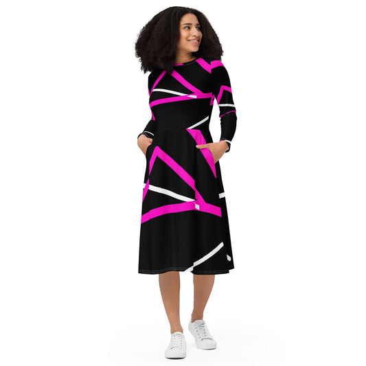 Womens Long Sleeve Midi Dress - Black and Pink Pattern