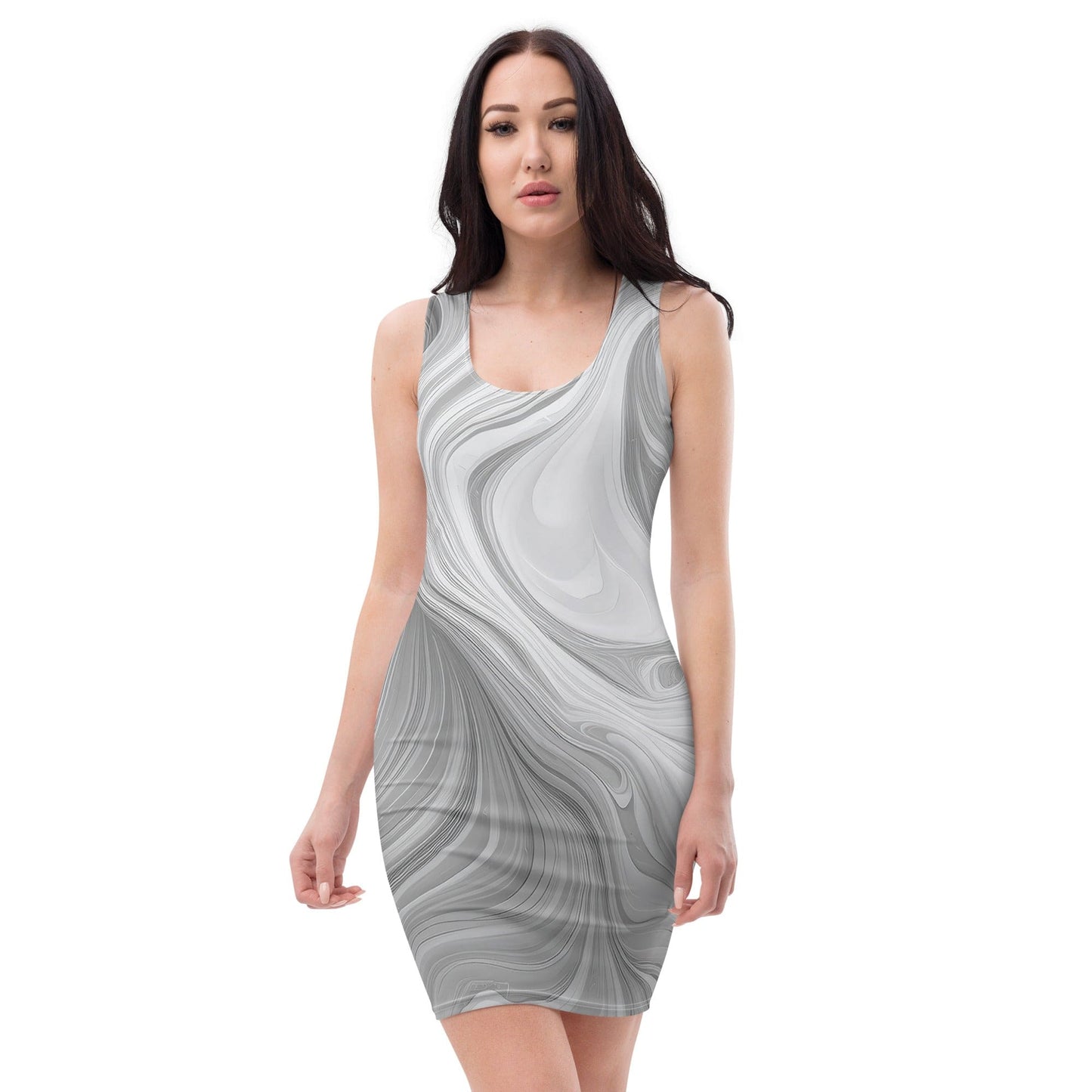 Womens Stretch Fit Bodycon Dress - Grey White Boho Marble Print