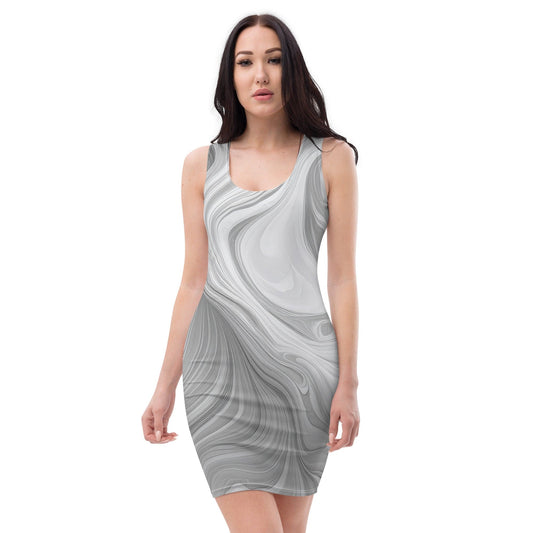 Womens Stretch Fit Bodycon Dress - Grey White Boho Marble Print